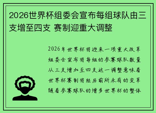 2026世界杯组委会宣布每组球队由三支增至四支 赛制迎重大调整